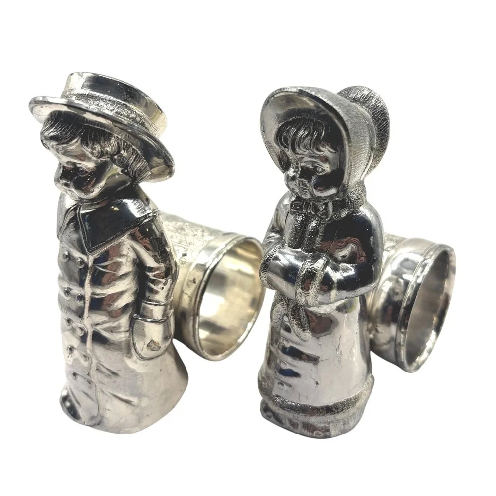 Vintage Napkin Rings Silver Boy and Girl Victorian Figures Set of 2